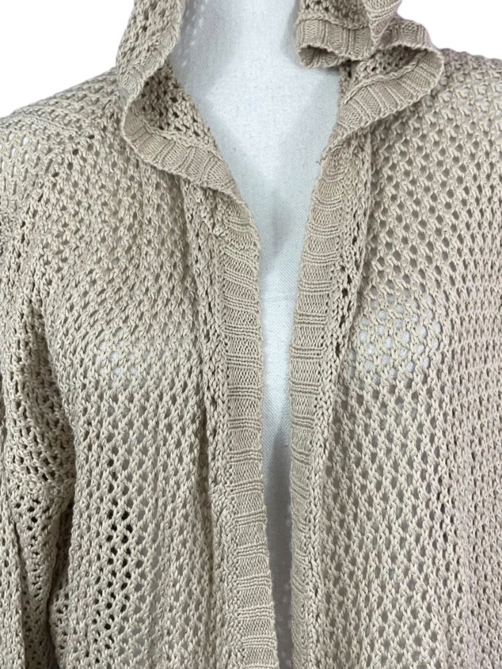 Open Knit Hooded Cardigan S Taupe Lagenlook Boho Bohemian Long Sleeve Open Front